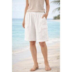 FLAX 100% Linen White Bermuda Cargo Shorts Size Large Pull On Beach Coastal